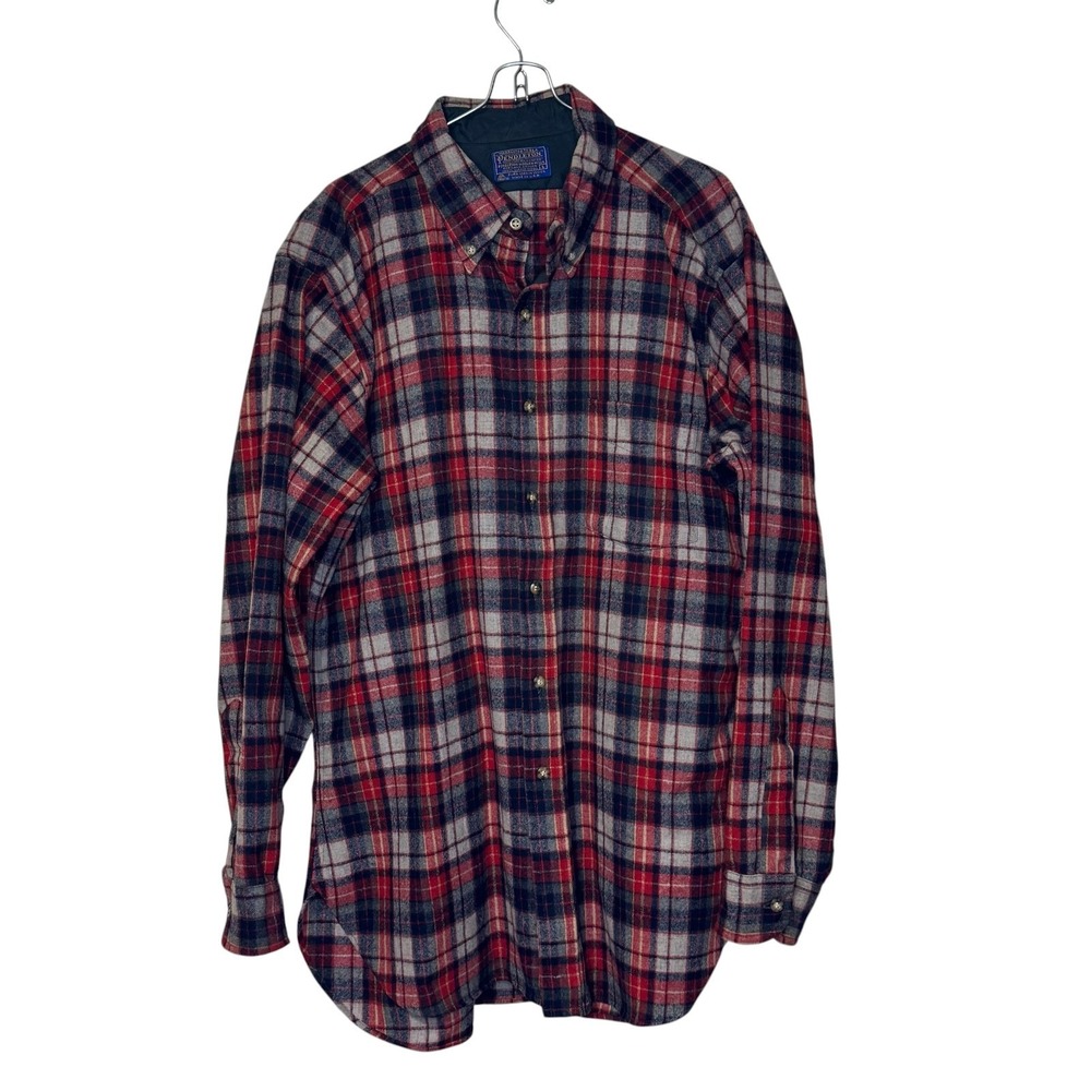 Pendleton Mens Shirt Vintage Virgin Wool‎ Button Down Plaid Red Navy Gray Large